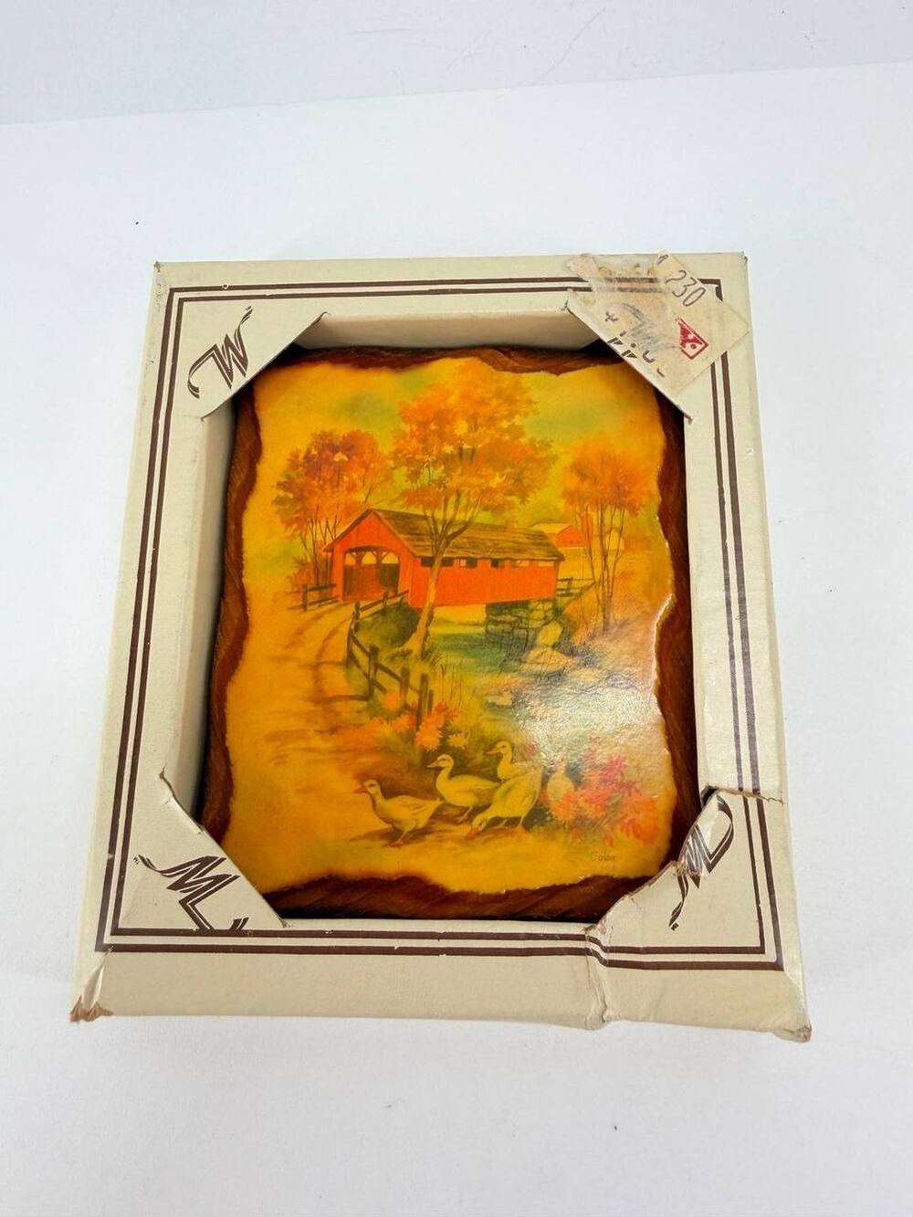 Rustic Wood Plaque Covered Bridge Ducks Autumn Country Farm Wall Decor New